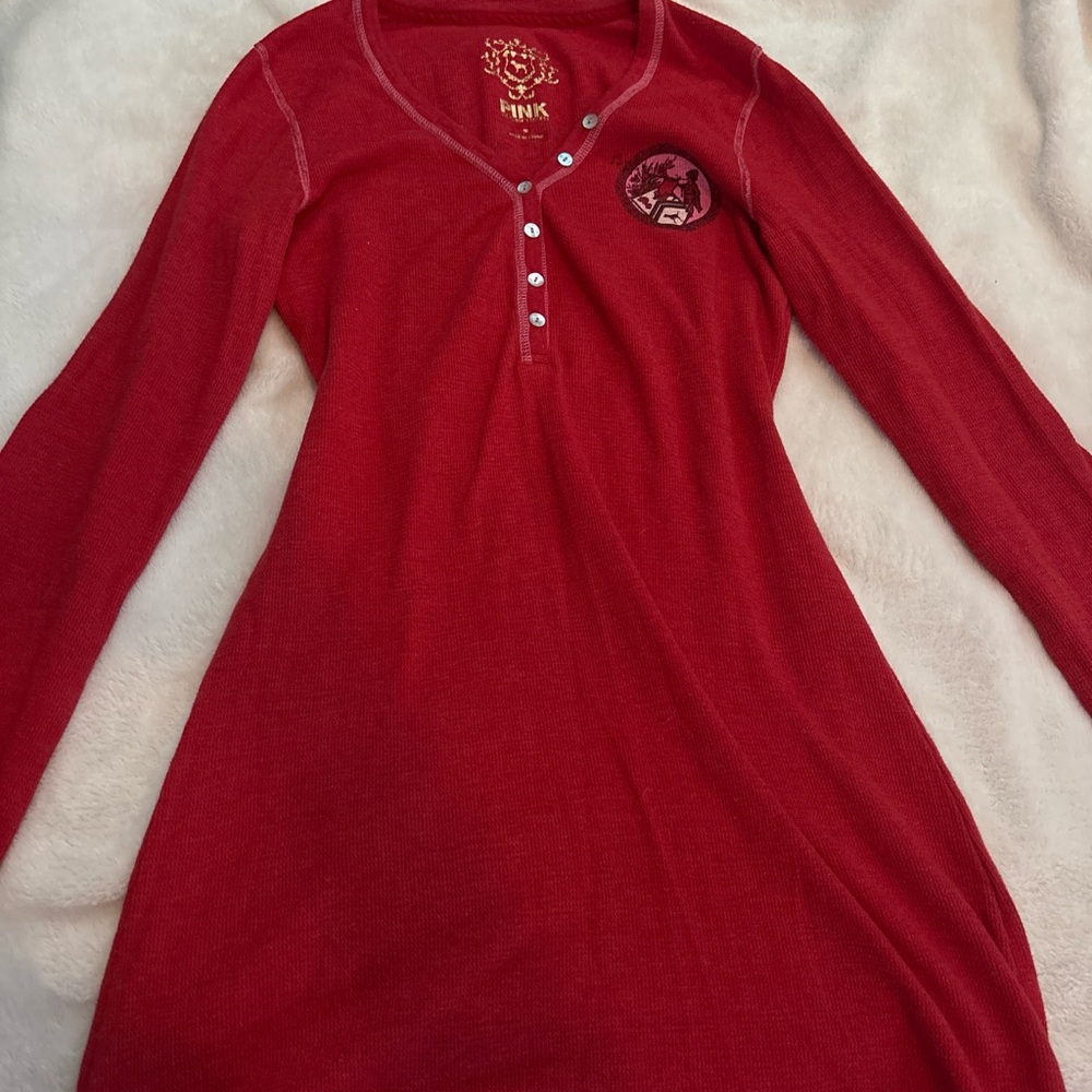 PINK Victoria's Secret Red Henley Top with Gold Accents